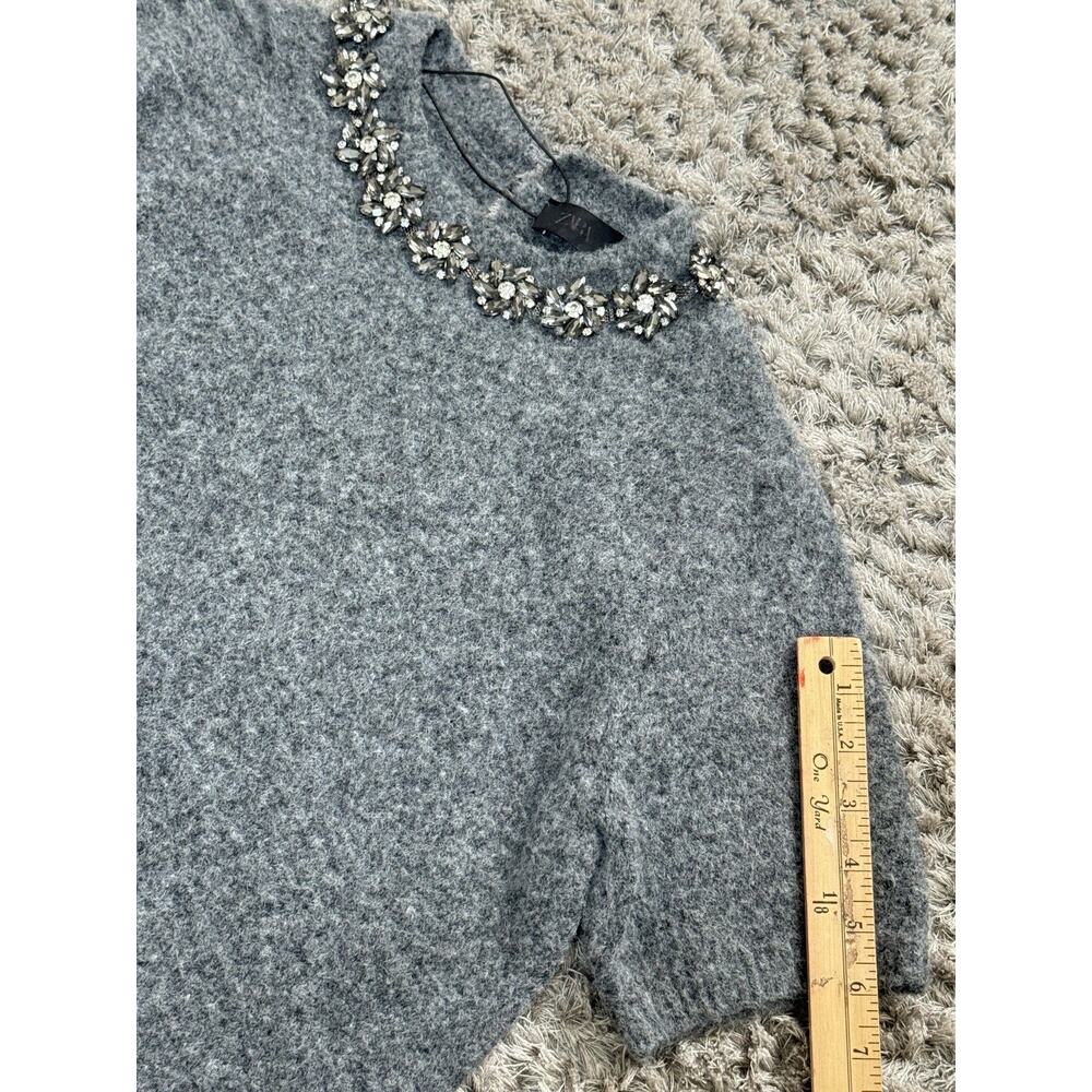 ZARA Womens Grey Fluffy Knit Sweater Short Sleeve Rhinestone Detail Size S NWOT - Picture 8 of 13